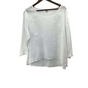 Amazhiyu White Women's Linen Hi-Lo Blouse 3/4 Sleeve